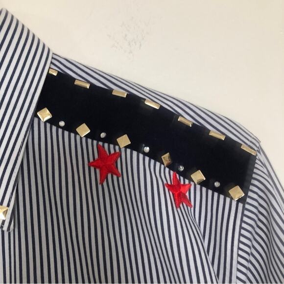Marquis Nautical Sailor Striped Bedazzled Long Sleeve Button Up Collar Shirt Top - Picture 2 of 8
